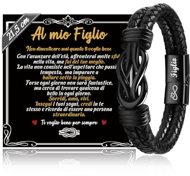 SUNSH Regalo per Figlio, Bracciale Figlio, Bracciale in Pelle per Ragazzo, Regali D'amore per Figli, Regalo per Figlii/Uomo, Natale, Compleanni, Laurea, Scuola-21,5 cm