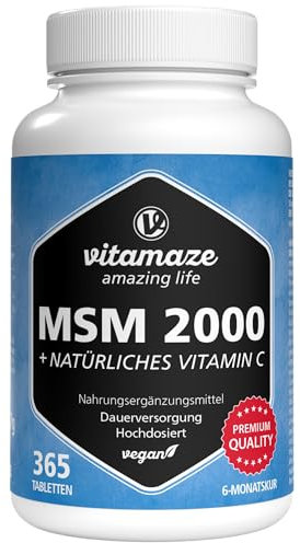 MSM 2000 mg + natürliches Vitamin C, 365 vegane Tabletten für 6 Monate, hochdosiert, 99,9% reines Methylsulfonylmethan, Nahrungsergänzung ohne Zusätze, Made in Germany