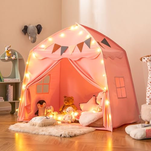 DREAMADE Tente de Jeu Enfant avec Lumière,Cabane Enfant avec Drapeaux Colorés,2 Fenêtres,Lavable en Machine,Maison de Tente Intérieure et Extérieure pour Filles Garçons 3-12Ans (Rose)