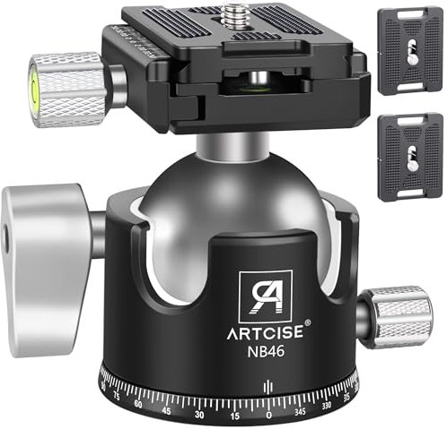 ARTCISE Ganzmetall-Kamerastativkopf, 20 kg Tragkraft, flaches Profil, mit drei Arca Swiss Schnellwechselplatten für Stativ und Einbeinstativ