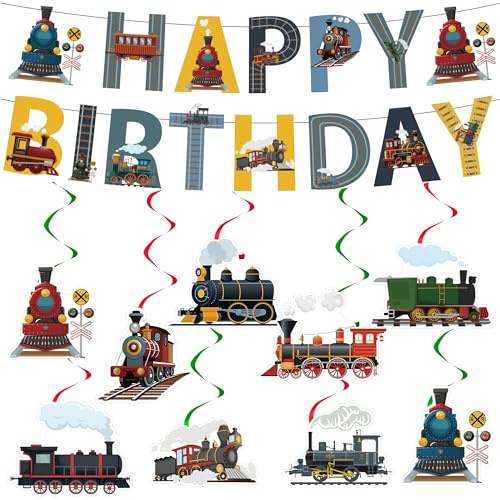 Retro Train Birthday Decorations Supplies - 11 Pcs Vintage Train Theme Happy Birthday Banners Hanging Swirls for Boys Locomotives Transportation Railroad Crossing Party Baby Shower Supplies Decor