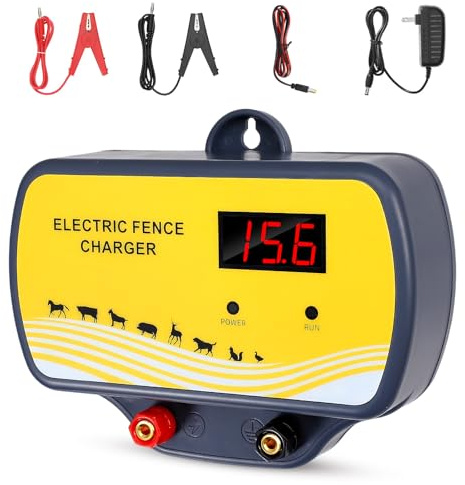 Electric Fence Energiser for Horses, Input 12V Electric Fence Charger with LED Display, Waterproof High Voltage Pulse Controller for Protect Poultry Livestock Cattle Sheep