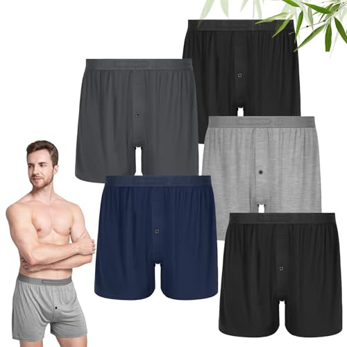 IGOLUMON Mens Boxers Loose Fit - 5-pack Bamboo Boxers Shorts with Button Fly - Tag-free Loose Boxers Breathable Multipack Underwear Trunks