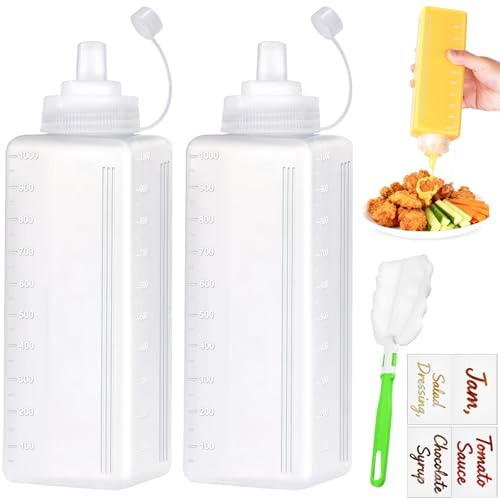 qjuwhua Quetschflasche 2 Stück 1000ml Plastik Squeeze Flasche mit Kappen Saucenflasche Spritzflasche Kein Leck Condiment Spender mit Etiketten Bürste für Ketchup Scharfe Soßen Olivenöl Malen