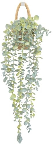 HOFMEFY Fake Hanging Plant Decor Indoor, Eucalyptus Artificial Faux Plants in Wall Woven Planters, Jute Hanger with Black Pot Soft Green 1PCS 23Inch Long