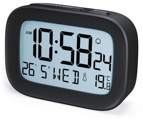 HOMVILLA Reloj Despertador Digital Pilas Pequeño con Temperatura, Retroiluminación, Fecha y Día de la Semana, Zumbador Fuerte, 12/24H, Snooze para Dormitorio y Viajes (2 Baterías AAA Incluidas)