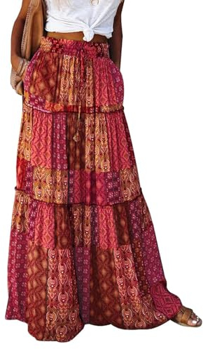 HUXRAKV Falda Larga Mujer Bohemia de Verano con Cintura Elástica y Bolsillos Laterales Ligera y Cómoda para Vacaciones y Uso Diario,38-Rojo,M