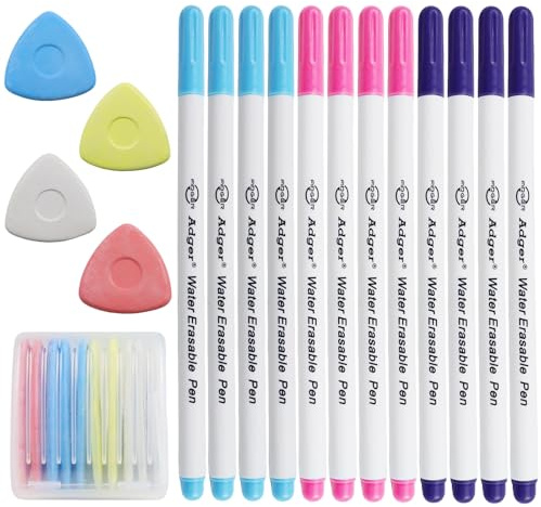 DRADERCH Set 22 Tizas de Sastre & Rotuladores para Tela – 12 Bolígrafos Solubles en Agua & 10 Tizas de Costura con Caja – Marcadores para Coser, Acolchado & Manualidades, 4 Colores