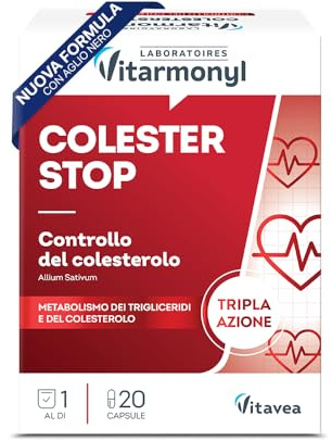 Vitarmonyl Colesterstop Nuova Formula - Con Aglio Nero (Allium Sativum) e Coriandolo - Antiossidante Naturale - CQ10 e Acido Folico - Integratore Cuore e Circolazione - 20 Capsule