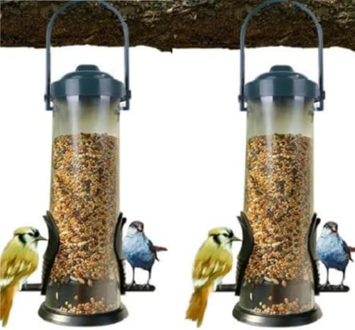 Pack of 2 Feeding Stations for Wild Birds, Bird Feeder with 2 Feeding Openings, Hanging Feeder with Feeder Silo, Weatherproof Bird Feeder Container for Hanging, Outdoor, Garden, Patio