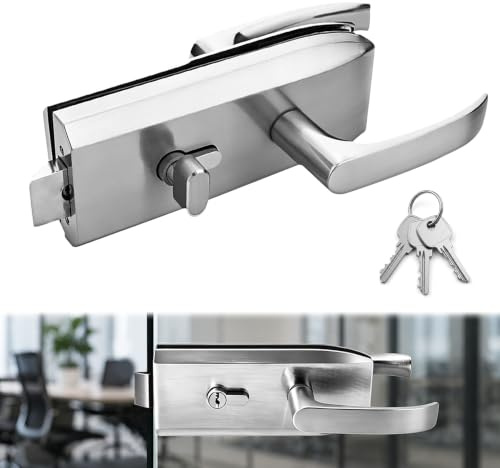 Peelanmall Cerradura de puerta de cristal de acero inoxidable, mecanismo interior metálico, cerradura de puerta interior con mango deslizante y 3 llaves, herraje para puerta de cristal de 8-12 mm y