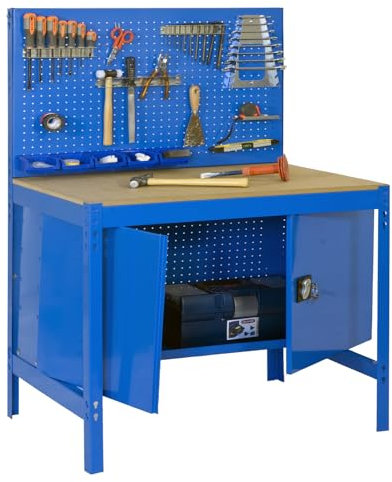 Simon Rack Banco de Trabajo Taller, Capacidad Carga 400 kg, 1445x910x610 mm, Mesa de Trabajo, Guarda Herramientas, Azul/Madera - BT2