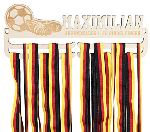 LAUBLUST Medaillenhalter Fussball - Personalisiert mit Sportler-Name - Geschenk für Fußballer | 35x13cm