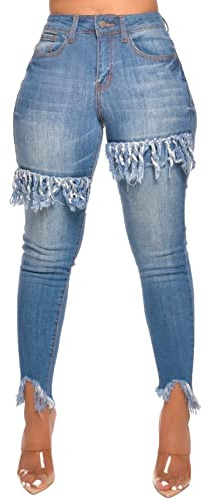 FairBeauty Women's Skinny Stretch Jeans Frayed Raw Hem Slim Fit Jeans Ripped Denim Pants Blue-a