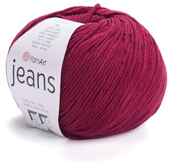 YarnArt, Jeans, Hilo de mezcla de algodón para amigurumi, ganchillo y punto, hilo turco suave 55 % algodón, 45 % poliacrílico, para proyectos hechos a mano, Burdeos 66