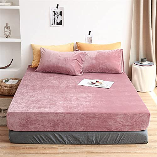 Damier Winter Spannbettlaken 160x200cm Rosa Altrosa Flanell Plüsch Spannbetttuch Flauschig und Warmes Bettlaken geeignet für Matratzen bis 30cm