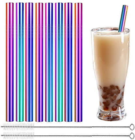 Bubble Tea Strohhalme - Strohhalme Edelstahl Perlen Set,Wiederverwendbar 12mm Extra Breite Strohhalm (8 Stück),Trinkhalme Set mit 2 Reinigungsbürsten,Ideal Für Smoothie,Saft,Kaffee - Regenbogenfarben