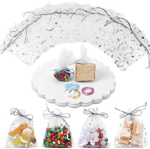 Giloty Hochzeit Organzasäckchen Set 200 Stück, Kleine Organzasäckchen 7x9cm, Runde Geschenkbeutel und 4 Rollen Farbband, Organzabeutel mit Kordelzug für Schmuckbeutel, Festivalparty