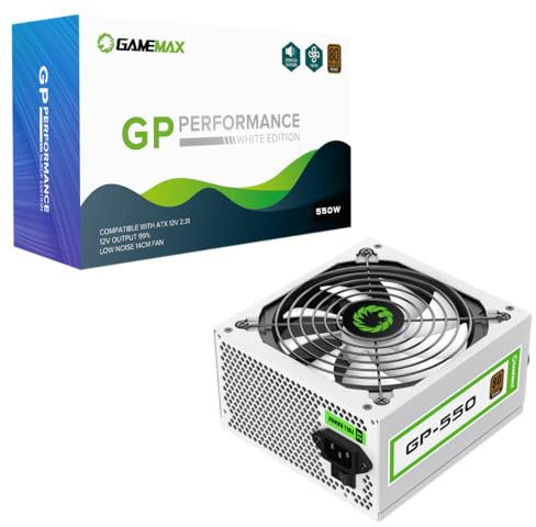 GameMax GP-Series 550W 80 Plus Bronze Power Supply - 550W GameMax GP-Series GP-550, Fully Wired, Single Rail, 140mm Fan, ATX PSU | White