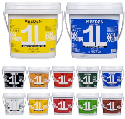 MEEDEN Akrylfärgsats 1 L: 12 färger Stora bulk akrylfärger - Tung kroppsglans Giftfri - Tjocka konstfärger för canvashantverk Trä Metall Plast Vägg