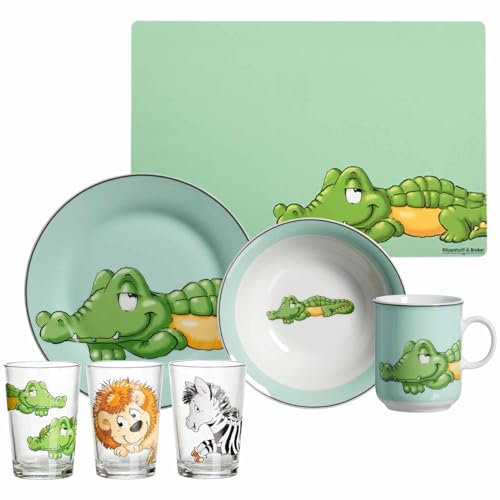 Ritzenhoff & Breker Happy Zoo Crocodile Set de 7 pièces, vaisselle pour enfant en porcelaine avec bol, gobelet, assiette, verres pour enfants 205 ml, set de table 45 x 30 cm, table pour enfant avec