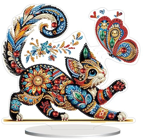 CAYUDEN Pintura de Diamante para Decoración de Mesa, Gato 5D Adornos Escritorios de Pintura Diamante DIY Diamond Painting Tabletop Decoración de Mesa Especial Diamante de Acrílico para Adultos