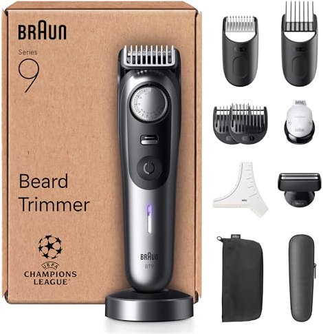 Braun Barttrimmer Series 9, Elektrischer Bartschneider Herren mit 11 Barber-Tools, Lebenslang Ultrascharfe Klinge, 180 Min Akku, Kabelloser Bartrasierer, 52 Längen, Wasserdicht, BT9545, Chrom