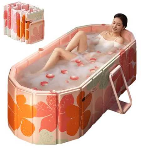 Genrenyen Portable Bathtub for Adult 47 Large Foldable No Installation Bath Tub for Shower Stall, Bathroom Hot SPA Soaking Standing Tub, Collapsible Plunge Bathtub (Pink, 47.2×21.6×19.6)