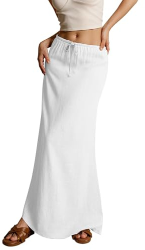 Womens Linen Maxi Skirt Drawstring Low Rise Long Skirts, Cotton Linen Skirts for Women Summer Comfy A Line Long Flowy Skirt