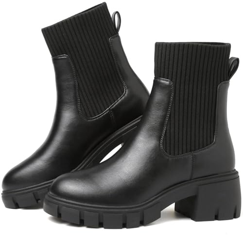 ziitop Women Platform Chelsea Boots Fashion Elastic Ankle Booties Lug Sole Chunky Block Heel Leather Fall Boots Ladies