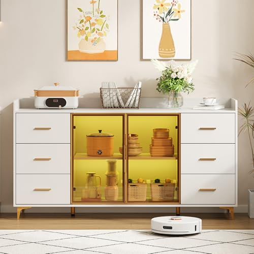 Laxnb Aparador Cocina con luz LED Aparadores Salon con Almacenaje 2 Puertas y 6 Cajones, 160x44x87cm Aparador Entrada, Armario Cocina Buffet Comoda Aparadores, Muebles de Salon Vitrina, Blanco+Dorado
