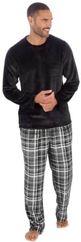 INSIGNIA Men’s Fleece Pyjama Set – Ultra-Soft Flannel Lounge Wear with Adjustable Tie Waist – Warm Cosy Winter Sleepwear Pants & Long Sleeve Top (UK, Alpha, L, Regular, Regular, Black)