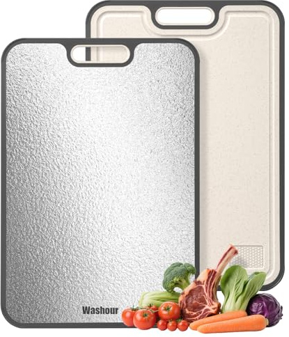 Washour Stainless Steel Cutting Boards for Kitchen, Non Toxic 2-in-1 Cutting Board Double Sided, Food Grade Chopping Boards for Fresh Meat Vegetable, Easy to Clean Large Size 16”×11”