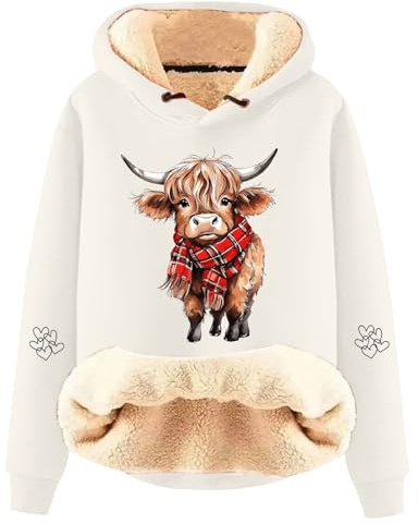 Highland Cow Hooides Jumpers for Women Fleece Lined Sherpa Hoodie Cow Sweatshirt Trendy Drawstring Long Sleeve Pullover Highland Cow Gifts for Women