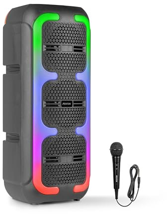 Fenton Track310 Bluetooth Lautsprecher – Party Musikbox 120 Watt mit LED Lichtshow, Akku 8 h, USB/microSD, Mikrofon Karaoke, Stereo-Paarung, tragbare PA Soundbox, Kabellose Partybox mit starkem Bass