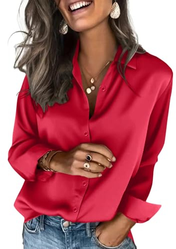 Chemisier en Satin pour Femme - Manches Longues - Chic et Élégant - Col en V - Couleur Unie Chemise Shirts Tops Taille 36 38 40 42 44,Rouge,XXL,f53r