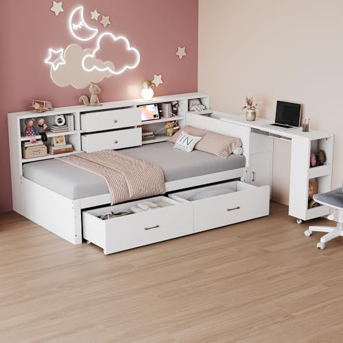Merax Canapé-lit en bois 90x200 cm, avec bureau extensible, multiprises, ports USB, 2 grandes tiroirs et étagères, Lit multifonctionnel pour adolescents avec rangement, Blanc