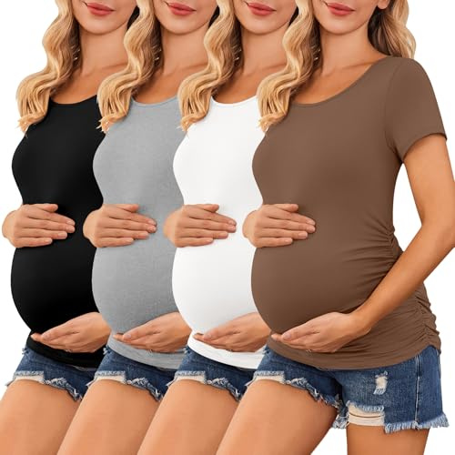 Ekouaer 4 Pack Women's Maternity Shirts Short Sleeve Crew Neck Side Ruched Pregnancy Tops New Mama Clothes