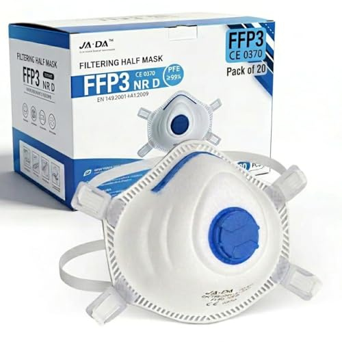20 FFP3 Dust Masks for Fine Dust ≥99% FFP3 Mask Disposable Face Masks for Cleaning Mould -Valved, EN 149 Respirator, Adjustable Clip & Straps, Lightweight PPE - Construction, Sanding & Industries