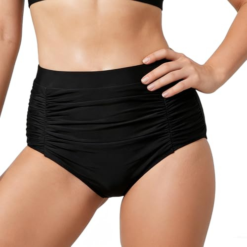 StreamSafe Bas de bikini taille haute noir pour femme - Contrôle du ventre - Bas de bikini noir pour la natation, Noir , XL