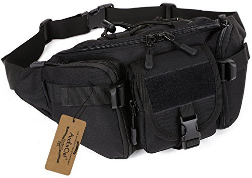 ArcEnCiel Tactical Fanny Pack for Men Women Waist Bag Hip Belt Outdoor Hiking Fishing Bumbag with Patch (Black)