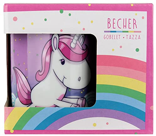 P:os 27567 - Trinkbecher mit trendigem Einhorn Motiv, Tasse für Mädchen mit ca. 200 ml Fassungsvermögen, aus Porzellan, im Geschenkkarton, mikrowellen- und spülmaschinengeeignet
