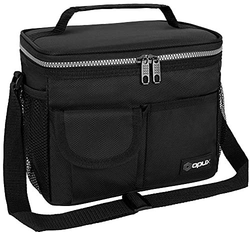 opux Insulated Lunch Bag for Men Women, Leakproof Black Lunch Box for Work, Portable Soft Lunch Cooler Bag with Shoulder Strap, Adult Lunchbox Lunch Pail for Kid Boy Girl School, 14 Can/8L