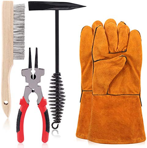 Swpeet Lot de 5 brosses métalliques de 25,4 cm, marteau de soudage avec gants, pince de 20,3 cm et marteau burineur de 25,4 cm avec poignée à ressort hélicoïdal en acier