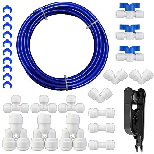 HUAZIZ 10 Meter Navy blau Universal Anschluss-Set, RO Water Filter Fitting für 1/4 Zoll Schlauch, Kühlschrankschlauch, Wasserschlauch (Y + T + I + L Typ + Absperrventil)