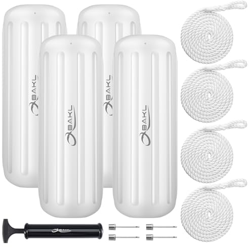 OBAKL Boat Fenders 4 Pack 10 x 28 Inches Ribbed Center Hole Boat Fenders Bumpers for Docking, Comes with Ropes and Pump to Inflate(White)