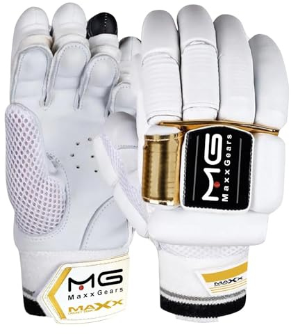 Maxx Cricket Mens Hi Quality Comfort Batting Gloves (WHITE/GOLD TIGER, Left Hand)