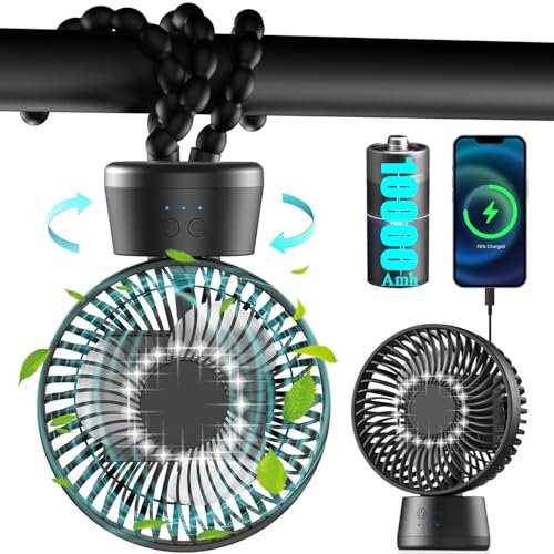 90° Oszillierend Kinderwagen Ventilatoren, 10000mAh Akku Tischventilator Sehr Leise Laufzeit 40 Std., 3 Stufen & LED Licht Klein USB Ventilatoren, Tragbarerb Clip Fan mit Fexiblem Stativn, Ø13.5cm