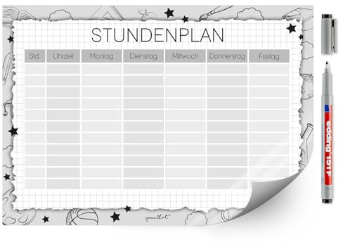 younikat Stundenplan im schwarz/weiß Design mit selbstklebender Rückseite I DIN A4 I zum Schulanfang I abwischbar I wiederbeschreibbar I dv1453