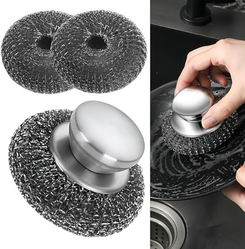 Stainless Steel Scourers With Handle To Protect Your Hand Set Of 5, Big Metal Wire Wool Confortable To Hold And Durable And Strong